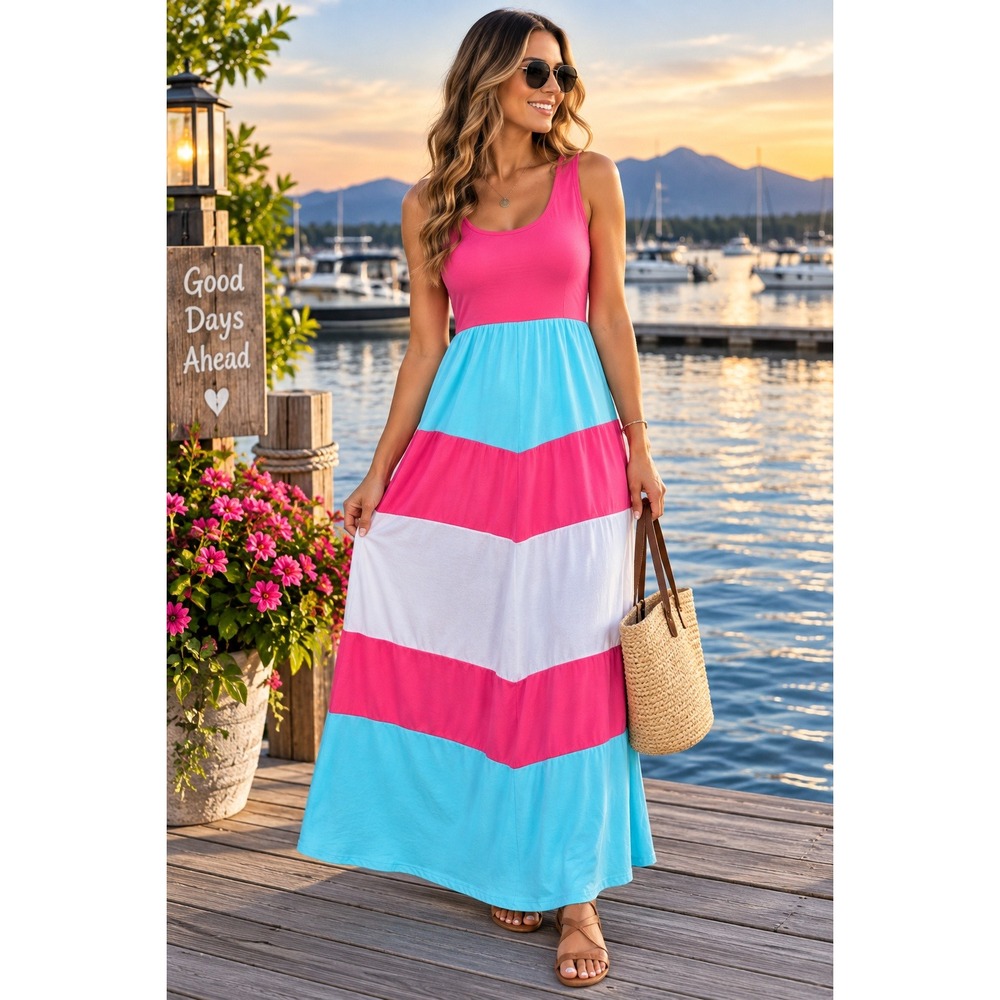 Unbranded Sleeveless Maxi Dress Colorblock Chevron Pink Blue White Small S